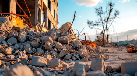This image captures the aftermath of destruction with debris scattered across a barren landscape. The setting sun casts dramatic shadows, highlighting the devastation.の素材