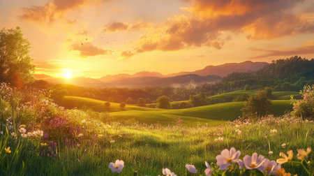 Breathtaking view of a sunrise illuminating rolling hills, adorned with a tapestry of colorful wildflowers, creating a serene and peaceful atmosphere.の素材