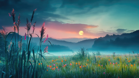 A serene scene capturing a misty meadow at sunrise, adorned with colorful wildflowers and gentle grasses, illustrating nature's beauty and tranquility.の素材