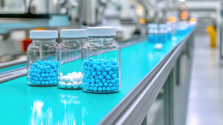 Close-up of transparent bottles containing blue and white pills on a conveyor belt in a modern pharmaceutical production facility, showcasing the manufacturing process.の素材