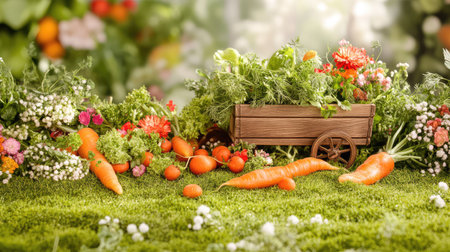 A vibrant composition featuring a rustic wooden cart filled with fresh vegetables and blooming flowers, evoking the beauty of a thriving garden harvest.の素材