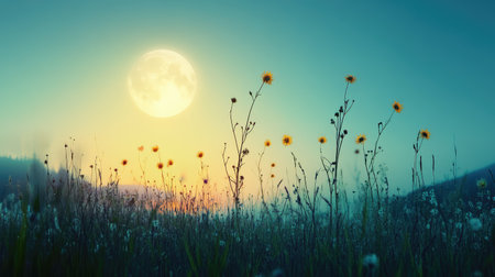 A mesmerizing moonlit landscape featuring silhouetted wildflowers against a vibrant evening sky. This serene scene captures the beauty of nature at twilight.の素材