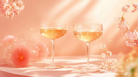 Two elegant champagne glasses filled with sparkling drink are set against a soft pastel backdrop, complemented by delicate flowers, creating a charming atmosphere.の素材