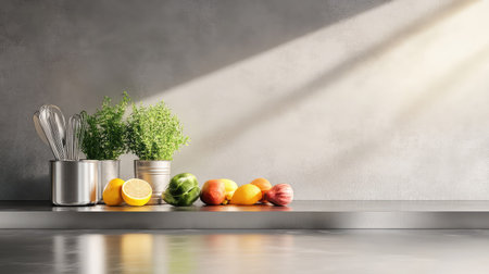 A serene kitchen scene showcasing fresh ingredients, including vibrant herbs and colorful fruits, illuminated by soft sunlight, perfect for culinary inspiration.の素材