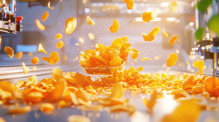 A dynamic scene of vibrant potato chips cascading from above into a bowl, set in a warm kitchen. Perfect for illustrating snack enjoyment and culinary delight.の素材
