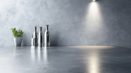 A sleek and modern kitchen counter showcasing elegant stainless steel bottles and a potted plant against a textured gray wall.の素材