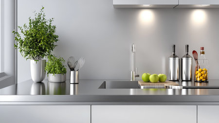 This image showcases a modern minimalist kitchen featuring a sleek stainless steel countertop adorned with fresh greenery, stylish utensils, and vibrant apples, creating an inviting atmosphere.の素材