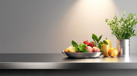 A beautifully arranged bowl of fresh fruits including apples, strawberries, and lemons on a sleek countertop, enhanced by soft lighting and greenery.の素材