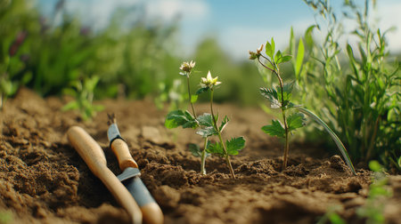 Image shows young plants sprouting from soil, surrounded by greenery, with gardening tools like a trowel and fork nearby, capturing the essence of growth.の素材