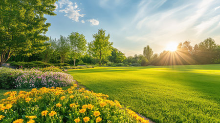 A breathtaking landscape at dawn featuring vibrant yellow flowers and lush green grass, illuminated by the warm sunlight under a bright sky.の素材