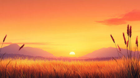 A breathtaking view of a serene sunset over a golden field, framed by distant mountains under a clear orange sky, evoking tranquility and beauty.の素材