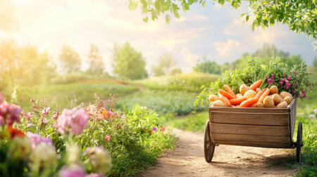 A rustic wooden cart overflowing with fresh vegetables, including vibrant carrots, set against a stunning flower garden under a warm sunset sky.の素材