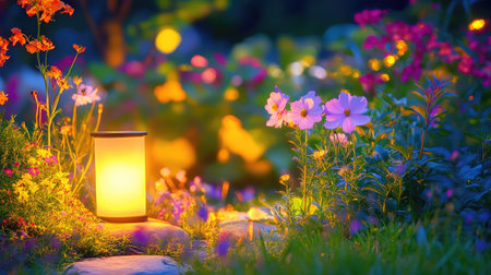A captivating scene featuring a glowing lantern nestled among vibrant flowers in a lush garden. Soft bokeh lights enhance the tranquil atmosphere, creating a serene evening ambiance.の素材