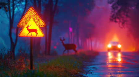 This captivating image features a glowing deer crossing sign illuminated by vehicle lights in a foggy, enchanting forest setting. A deer stands nearby, creating a serene and magical atmosphere.の素材