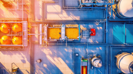 This aerial image showcases an industrial processing facility highlighted by vibrant orange granular material in containers, surrounded by advanced machinery and infrastructure.の素材