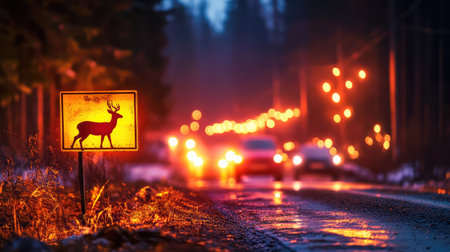 A captivating image showcasing a deer crossing sign illuminated by soft lights amid a foggy evening. The tranquil atmosphere highlights nature's beauty and road safety.の素材