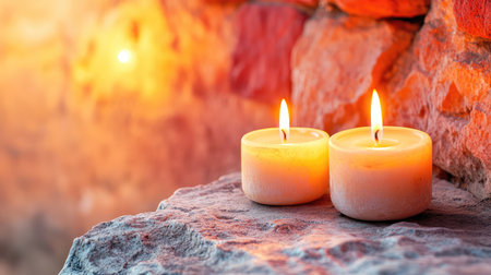 Two white candles emit a soft, warm glow on a textured stone surface, creating a serene atmosphere perfect for relaxation, meditation, or cozy evenings.の素材