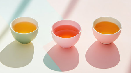 This artistic photo features three colorful tea cups arranged on a soft pastel background, showcasing vibrant hues and gentle shadows, perfect for aesthetic inspiration.の素材