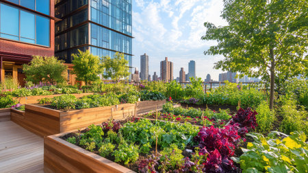 A stunning urban rooftop garden featuring a variety of lush plants and vegetables, with a picturesque city skyline in the background, showcasing sustainable living and green architecture.の素材