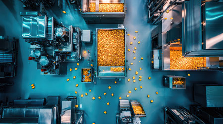 An overhead view of a bustling industrial kitchen filled with metallic equipment and bright yellow potatoes scattered on the floor, showcasing a productive culinary environment.の素材