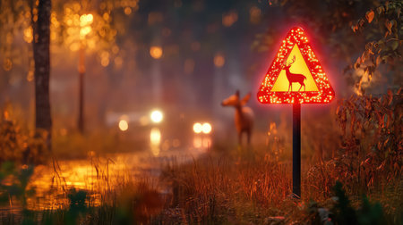 A glowing caution sign depicting a deer stands in a foggy forest at dusk, beautifully capturing the serene atmosphere and wildlife presence.の素材