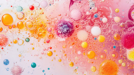 Explore a vibrant and colorful abstract background featuring an array of bubbles in shades of pink, orange, and yellow. The dynamic composition captures the essence of playful creativity, perfect for various design projects.の素材