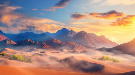 Experience the serene beauty of a desert landscape at sunrise. Majestic mountains rise behind undulating sand dunes, illuminated by warm hues and soft light.の素材
