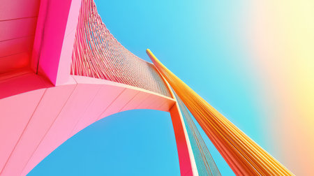 An artistic perspective of a contemporary bridge featuring vibrant colors and stunning geometric patterns against a serene sky, evoking creativity.の素材