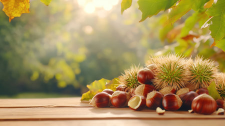 A visually appealing display of freshly harvested chestnuts and their spiky casings rests on a wooden table, illuminated by warm sunlight, embodying autumn's bounty.の素材