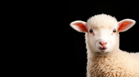 Adorable young lamb showcasing fluffy wool and a curious expression against a stark black background, perfect for nature and farming themes.の素材