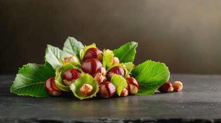 A beautiful arrangement of freshly harvested hazelnuts surrounded by vibrant green leaves, showcasing natural colors and textures on a dark stone surface.の素材