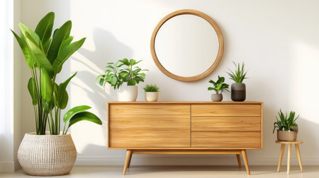 This image features a stylish living space showcasing modern wood furniture, vibrant green plants, and a round mirror, embodying a serene and inviting atmosphere.の素材