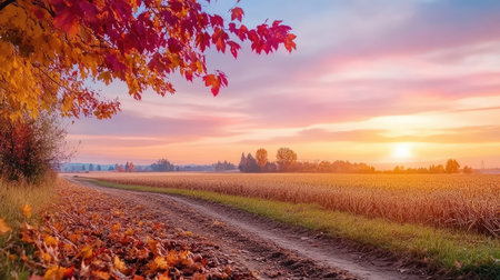 A stunning autumn landscape features vibrant leaves in shades of red and orange lining a peaceful dirt path. The golden sunset casts a warm glow over fields, creating a serene atmosphere ideal for relaxation and appreciation of nature's beauty.の素材
