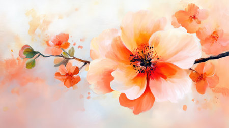 A beautiful floral painting featuring a peach blossom surrounded by smaller blooms, showcasing vibrant colors and soft backgrounds. Perfect for art enthusiasts.の素材