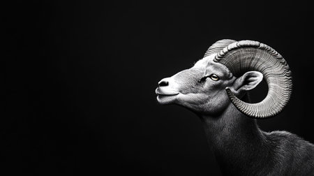 This striking monochrome image features a ram showcasing its majestic horns and serene expression against a dark backdrop, exemplifying natural beauty.の素材