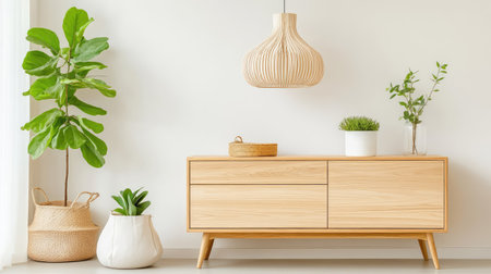 This image captures a modern minimalist living room setting showcasing a sleek wooden cabinet, beautiful greenery, and an elegant pendant light, creating a serene and welcoming atmosphere.の素材