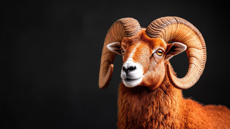 A striking close-up of a ram showcasing its impressive curved horns and bright amber fur against a dark background, highlighting the animal's unique beauty.の素材