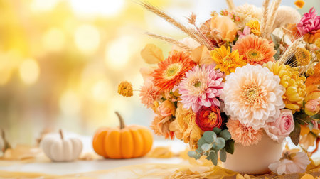 This stunning autumn floral arrangement features vibrant orange and pink flowers along with decorative pumpkins, creating a warm and inviting atmosphere perfect for fall celebrations.の素材