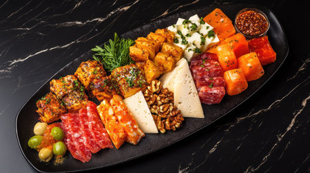 This exquisite charcuterie board features an elegant arrangement of gourmet cheeses, cured meats, nuts, and vibrant fruits. Perfect for gatherings.の素材