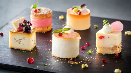 A stunning assortment of miniature cakes artfully arranged on a sleek slate board, showcasing vibrant garnishes and intricate details for a delectable visual feast.の素材