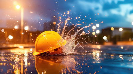 A bright yellow construction helmet makes a splash in water during a rainy evening. Reflections of city lights create a dramatic urban scene.の素材