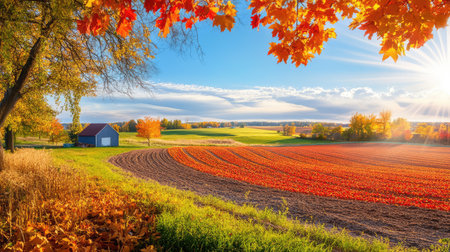 A stunning autumn landscape featuring vibrant foliage, a farm field with freshly tilled soil, and bright sunlight shining under a clear blue sky.の素材