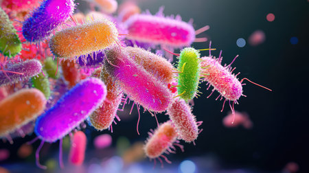 Explore a stunning visual of colorful microorganisms captured under a microscope, showcasing intricate details and vibrant hues of bacteria, ideal for science or educational themes.の素材