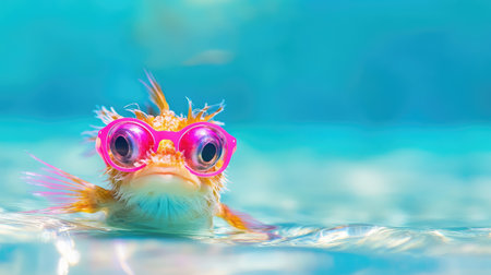 A charming fish wearing vibrant pink sunglasses swims playfully in clear tropical water, showcasing a fun and unique aquatic lifestyle under bright sunlight.の素材