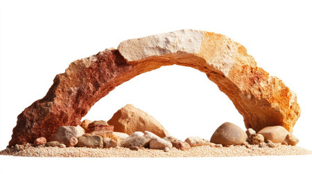A stunning natural rock arch formation featuring a sandy base and scattered stones, perfect for showcasing earthy textures and minimalist beauty in design.の素材