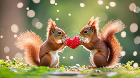 This enchanting image captures two adorable squirrels joyfully presenting a heart-shaped object in a peaceful natural setting, symbolizing love and friendship.の素材