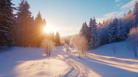 A stunning winter scene capturing the essence of tranquility with snow-covered trees, warm sunlight breaking through the foliage, and a peaceful pathway.の素材