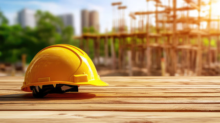 A vibrant yellow safety helmet rests on a wooden table, set against a blurred construction site. The urban skyline glimmers in the background, symbolizing progress.の素材