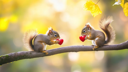 Two playful squirrels hold red heart shapes while perched on a branch, surrounded by golden autumn leaves, evoking a scene of love and friendship in nature.の素材