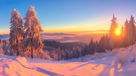 Experience a breathtaking winter sunrise illuminating a snow-covered landscape, with frosted trees creating a serene and vibrant winter scene.の素材